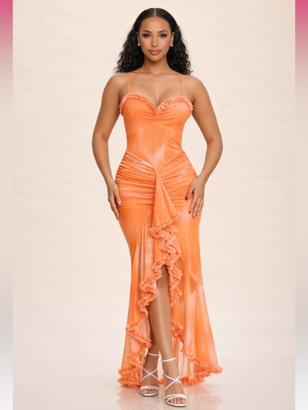Dreamsicle Ruffle High Low Maxi Dress with Spaghetti Straps